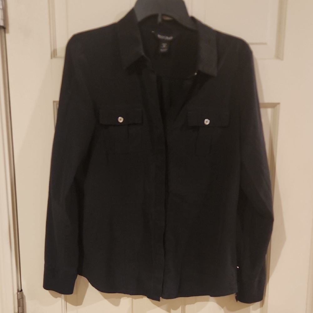 White House Black Market Black Silk Utility Shirt Jacket Sz 10